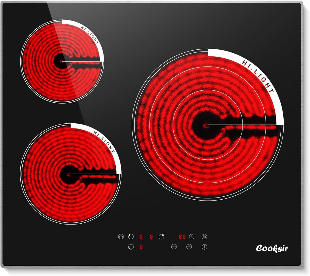 24 Inch Electric Cooktop, 3 Burner Built-in Ceramic Stove Top 220V-240V, 5700W Radiant Electric Cook Top with Touch Control, Timer, Safety Lock, 220V Hard Wired (No Plug)