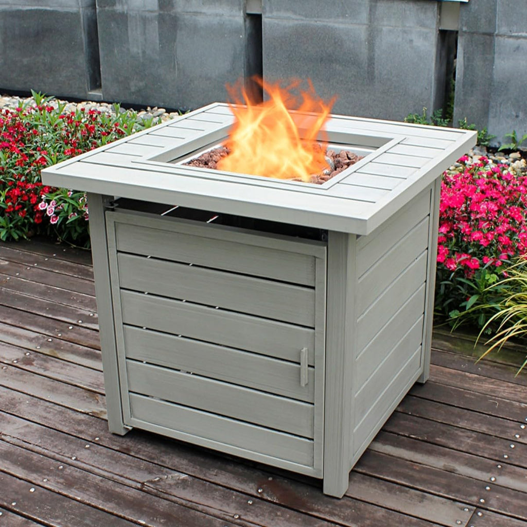 OutVue 28 Inch Propane Fire Pit Table, Outdoor Gas Fire Pits with Lid & Lava Rock, 50000 BTU Firepit for Dinning, Party in Outside, Patio, Garden or Yard (Light Grey)