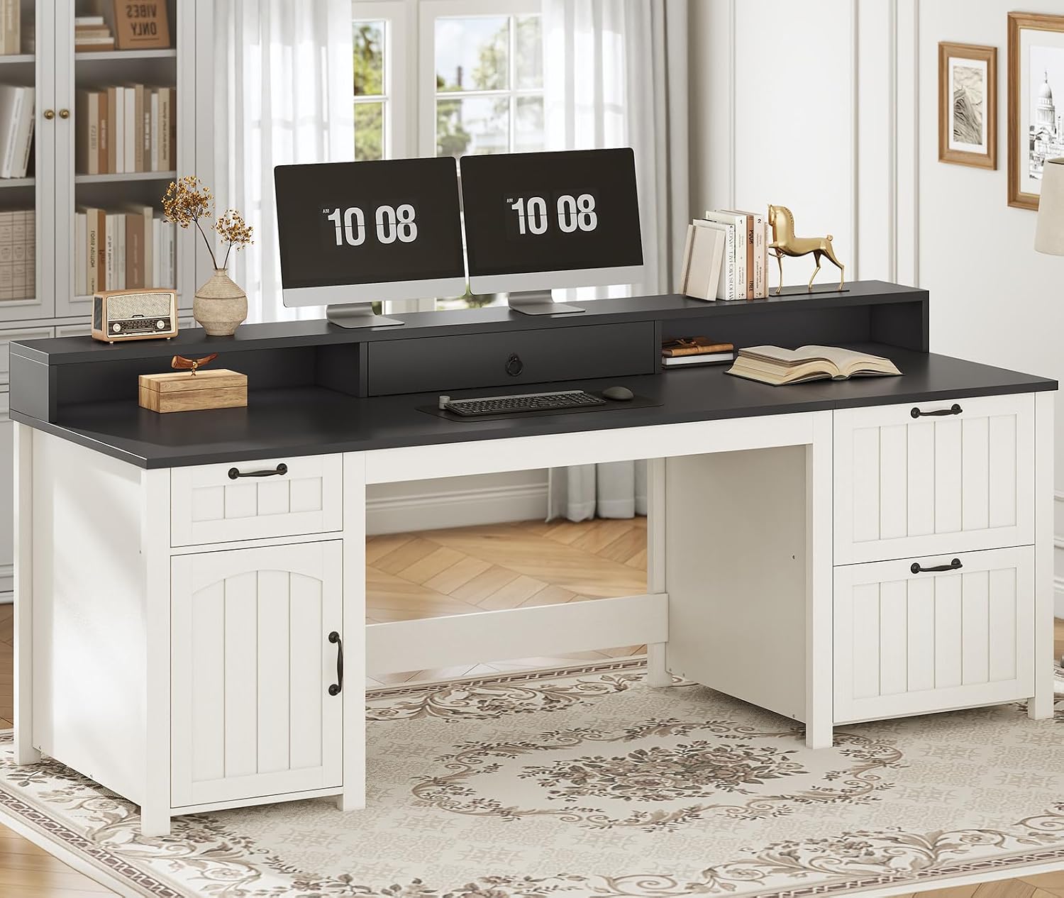 SEDETA Farmhouse 63' Executive Desk, Home Office Desk with File Drawer and Monitor Stand, Computer Desk with Drawers and Storage Cabinet, Wood Desk for Work Study Writing, White