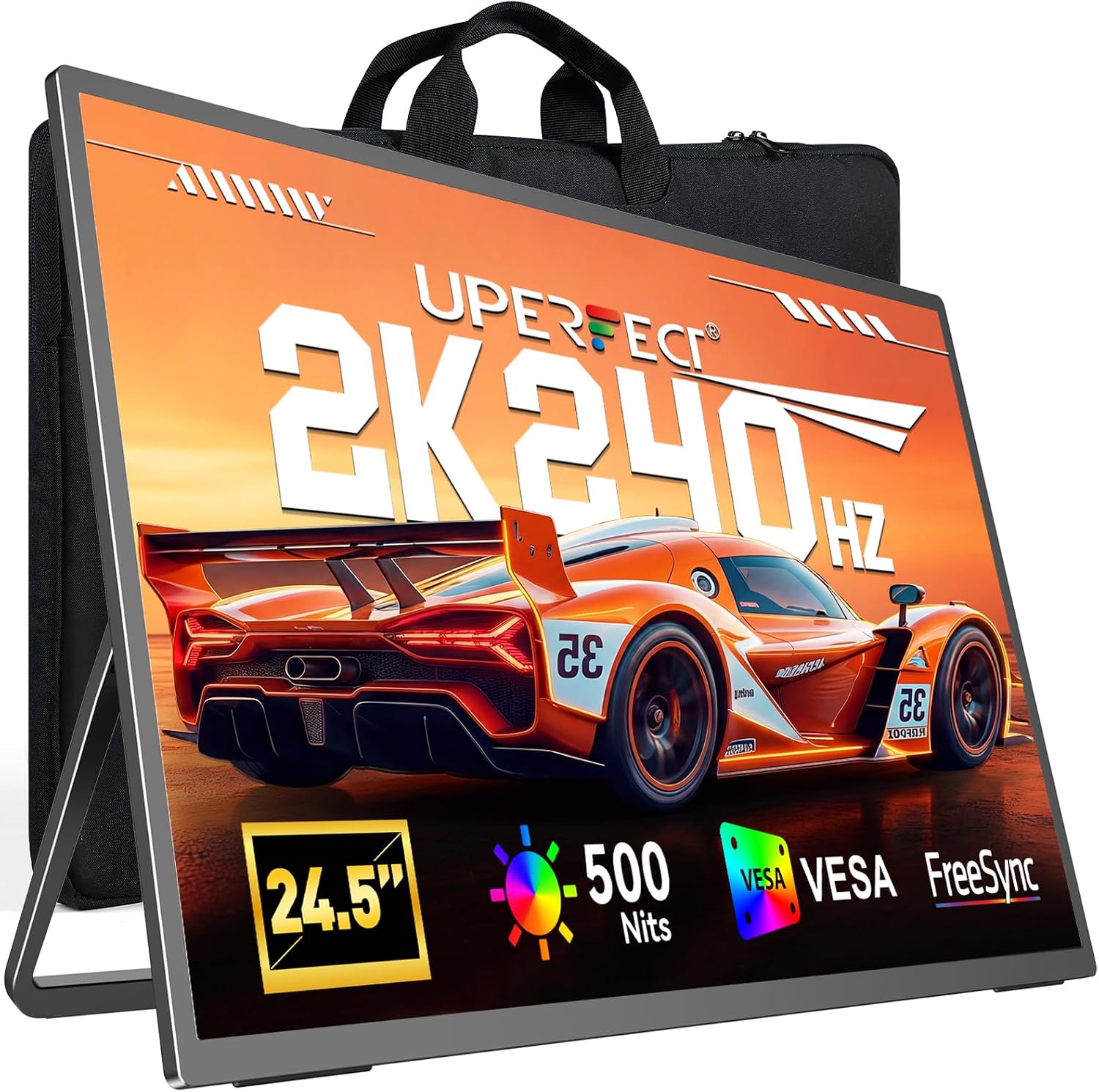 UPERFECT 2K 240Hz Portable Monitor, 24.5″ QHD 2560×1440 Portable Gaming Monitor, 0.1ms, 500 Nits, HDR, HDMI 2.1 & DP 1.4 with Stand & VESA Second Screen for Laptop, PC, Phone & Game Console