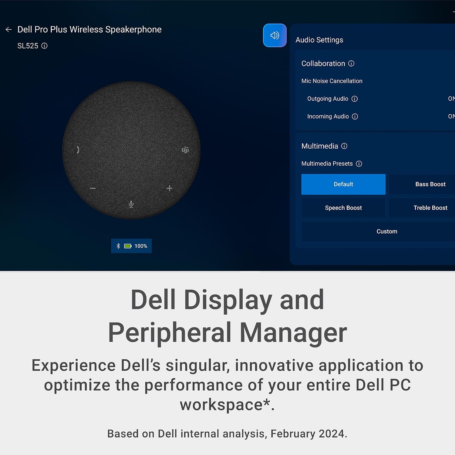 Dell Pro Plus Wireless Speakerphone - SL525 - USB-C, Zoom/Microsoft Teams Certified, Wired/Wireless, Bluetooth 5.3, Omni-Directional, AI-Based Noise Cancellation
