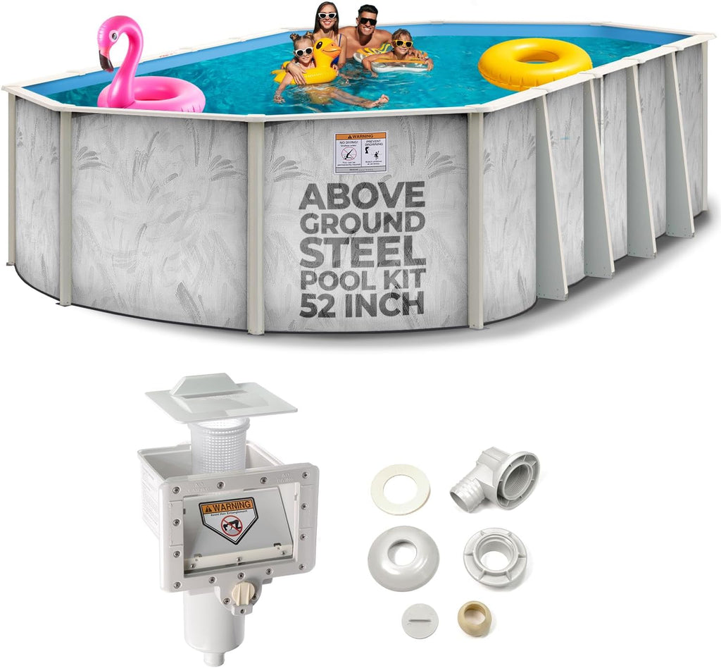 Hollowell Industries - Manufacturers of Doughboy Pools, 15' x 10' Oval Swimming Pool Above Ground, 52' Deep with Skimmer - Hard Sided Steel Wall Pool, Brush Stroke Design - Made in USA