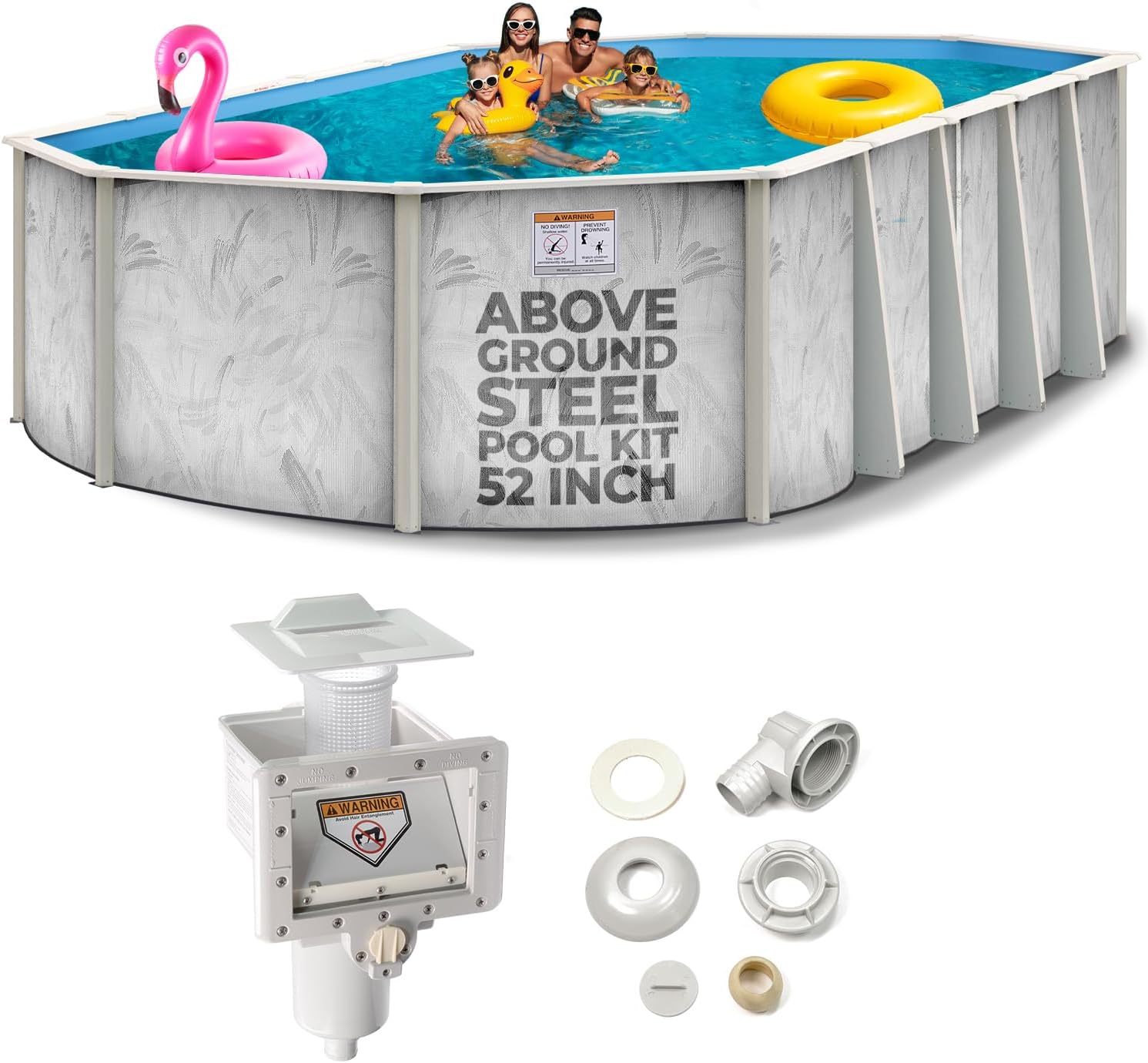 Hollowell Industries - Manufacturers of Doughboy Pools, 15' x 10' Oval Swimming Pool Above Ground, 52' Deep with Skimmer - Hard Sided Steel Wall Pool, Brush Stroke Design - Made in USA