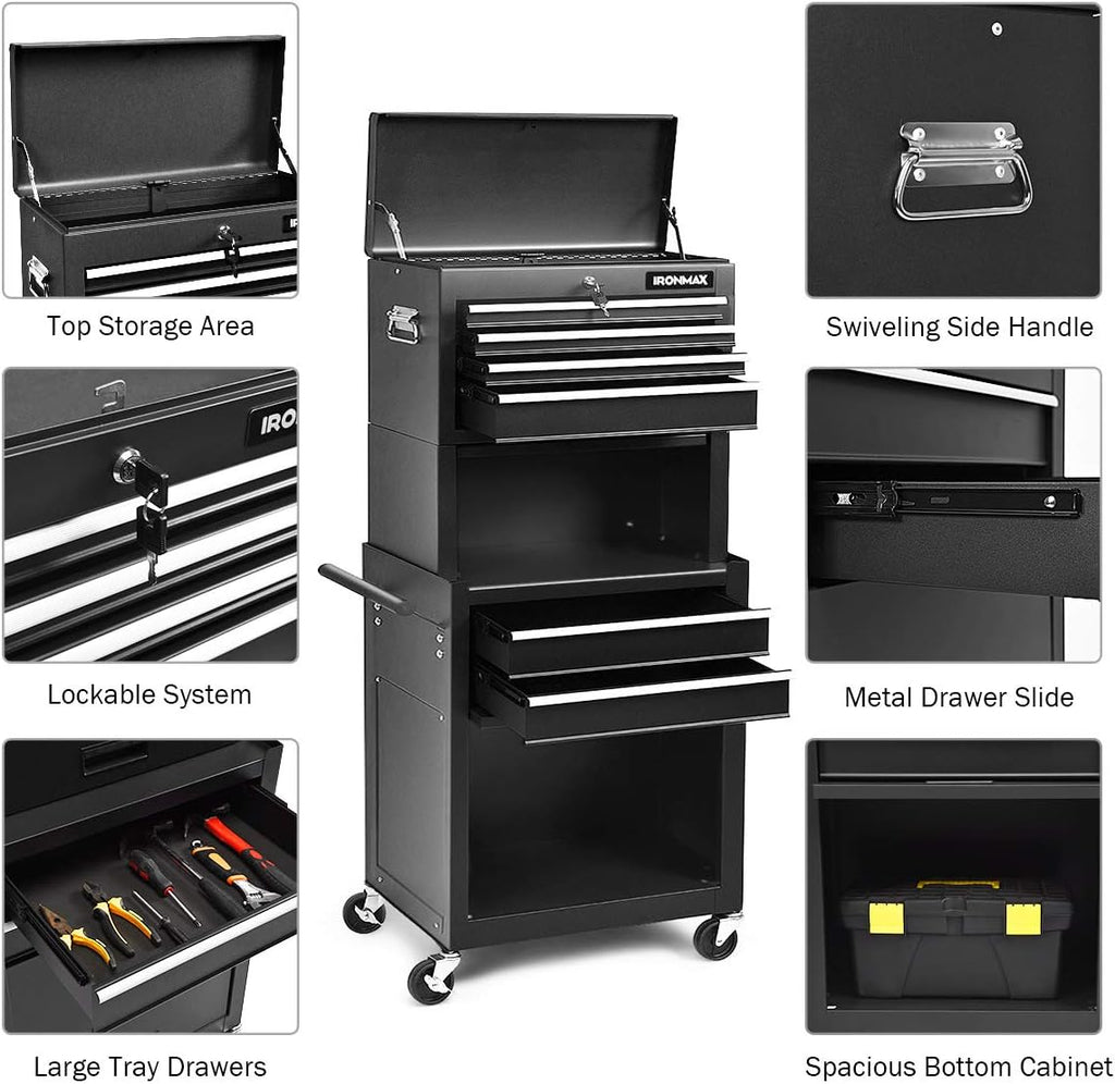 Goplus Tool Chest, 3-in-1 Rolling 6 Drawers Tool Cabinet with Detachable Top Toolbox, Middle Tool Storage, Universal Lockable Wheels, Protective Liner, Auto Lock, Metal Tool Box for Garage Workshop