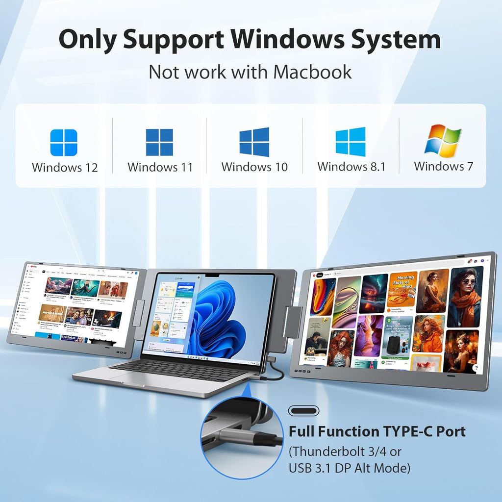 KYY Triple Laptop Screen Extender, 15.6' 1080P FHD IPS Dual Portable Extended Monitor, USB C Travel Display for 12-17'' Laptop, 210°Rotation & Kickstand, Plug and Play (Windows Only)
