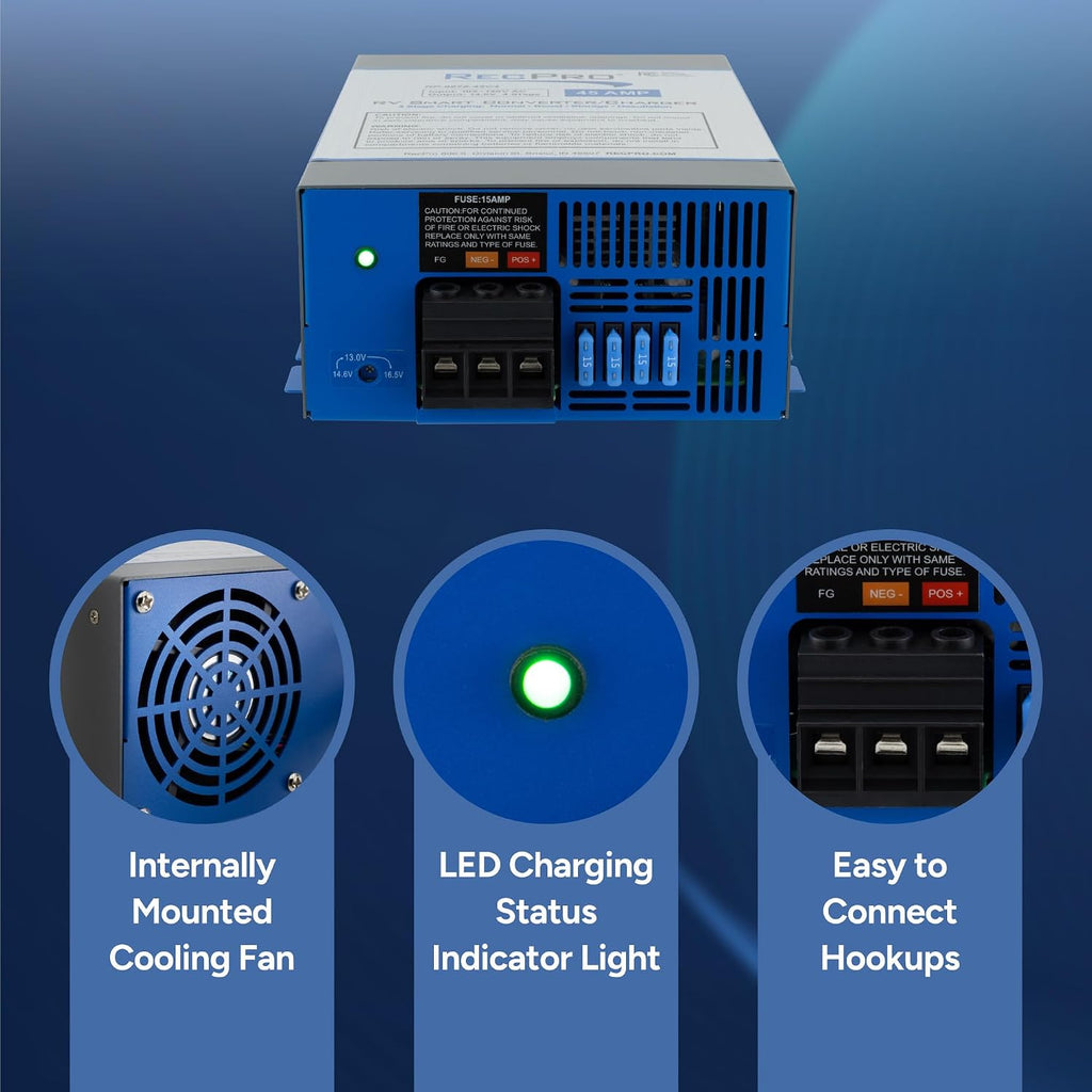 RecPro RV Converter 45 Amp | RV Power Converter & Battery Charger | 4 Stage Smart Charging | 120VAC to 12VDC | 13V to 16.5V Operating Range