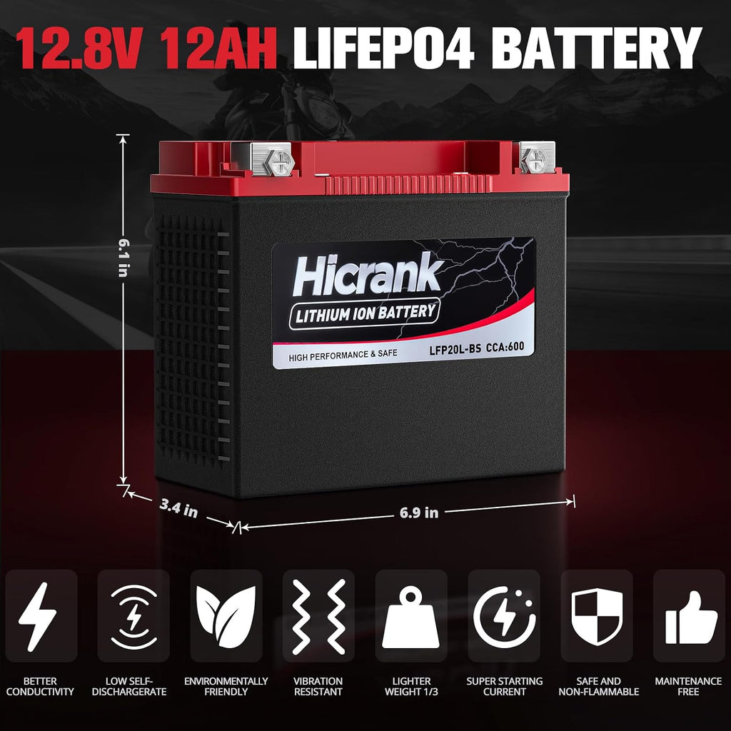 YTX20L-BS/YTX20HL LiFePO4 Lithium Motorcycle Battery, 12V 12Ah,600CCA, Fits for ATV, UTV,Jet Ski, Riding Lawn Mower and Generator