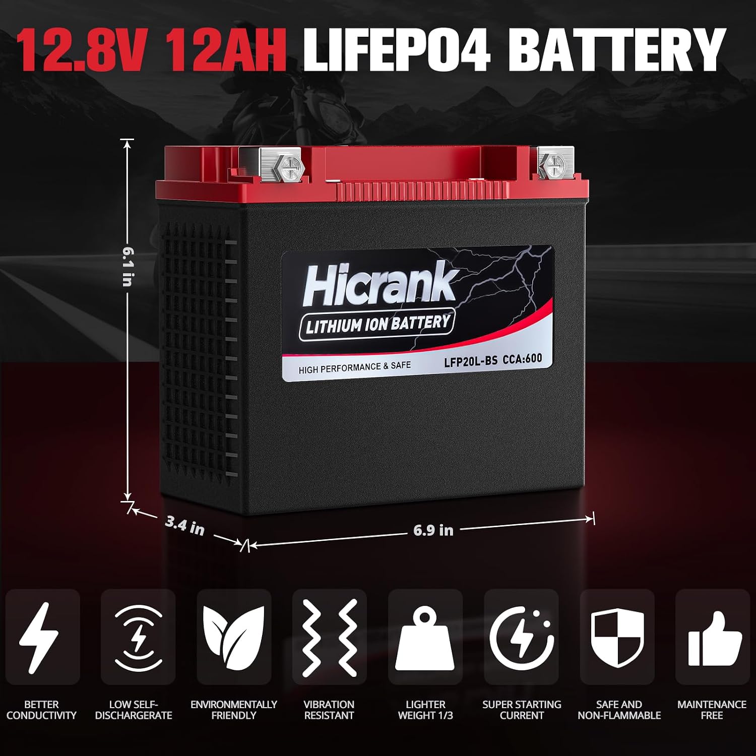YTX20L-BS/YTX20HL LiFePO4 Lithium Motorcycle Battery, 12V 12Ah,600CCA, Fits for ATV, UTV,Jet Ski, Riding Lawn Mower and Generator