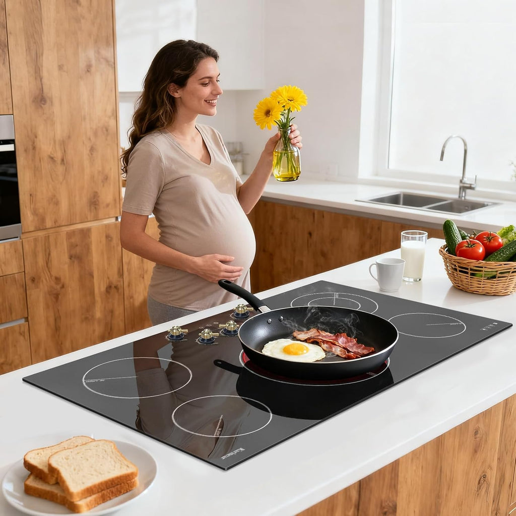 Karinear 36 inch Electric Cooktop, 5 Burner Radiant Cooktop with Knob & Touch Control, 9200W 240V Built-in Stove Top, 9 Power Levels, Timer, Child Lock, Pause, Residual Heat Indicator(Gold Knob)