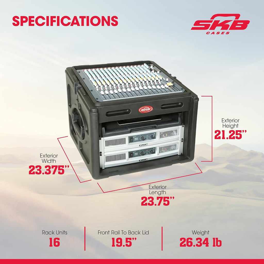 SKB Roto Rack/Mixer Console, 10U Slanted Rackmount on top, 6U Rackmount in Front with Steel Threaded Rails, Hard Lid and Doors and Side Access Ports