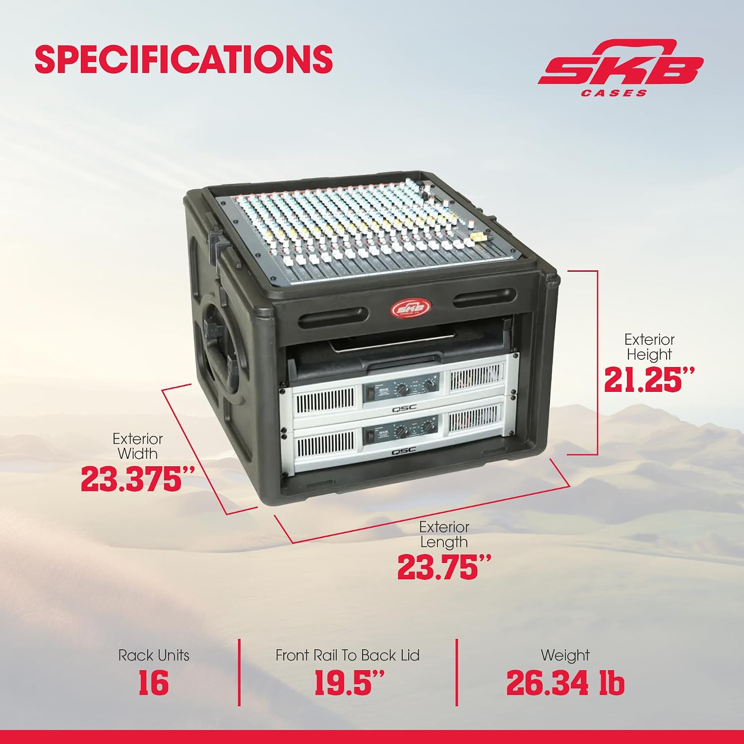 SKB Roto Rack/Mixer Console, 10U Slanted Rackmount on top, 6U Rackmount in Front with Steel Threaded Rails, Hard Lid and Doors and Side Access Ports