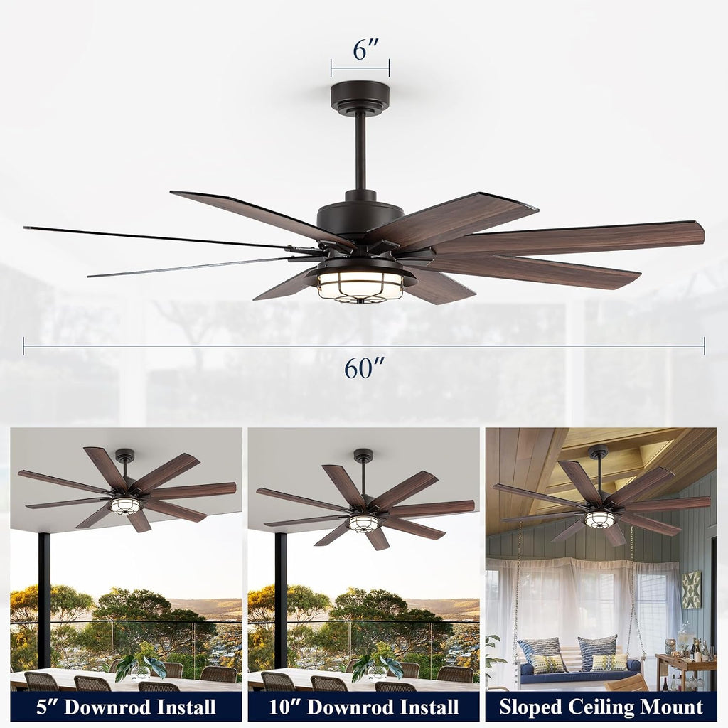 NORFOLK Outdoor Ceiling Fans with Lights, Waterproof Ceiling Fan and Remote for patios, 3 Color LED Lighting for Patios, Gazebos and Indoor, Wet Rated Farmhouse Style (60 Inch)