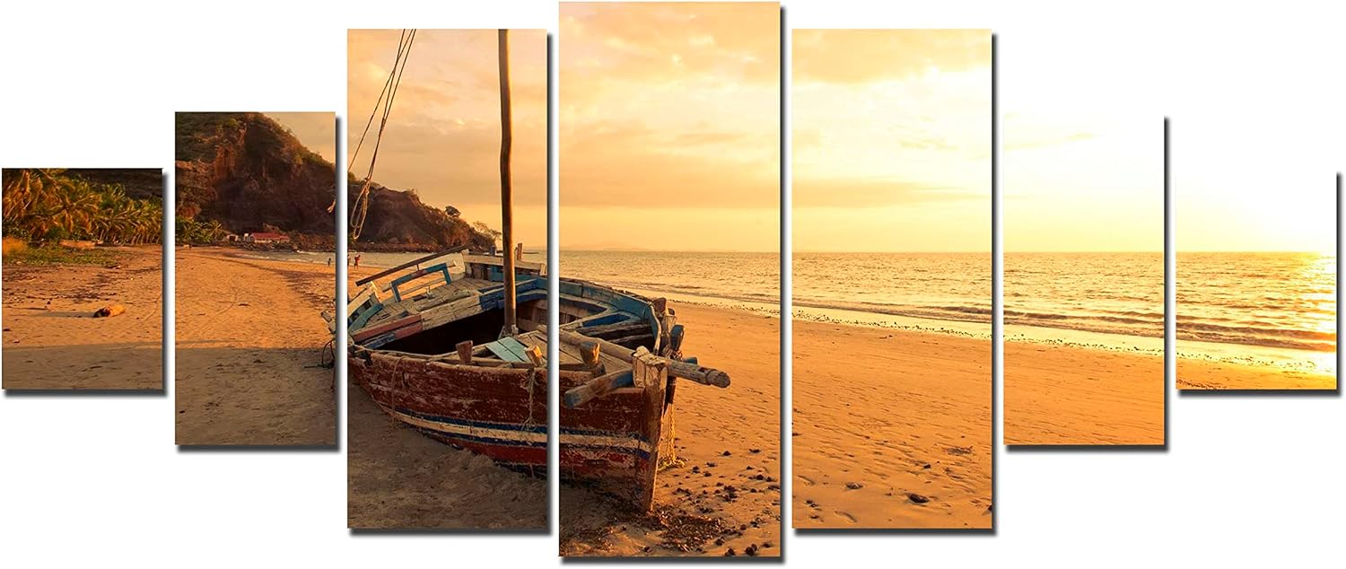 Startonight Huge Canvas Wall Art Boat On The Beach At Sunrise - Large Framed Set of 7 40' x 95'