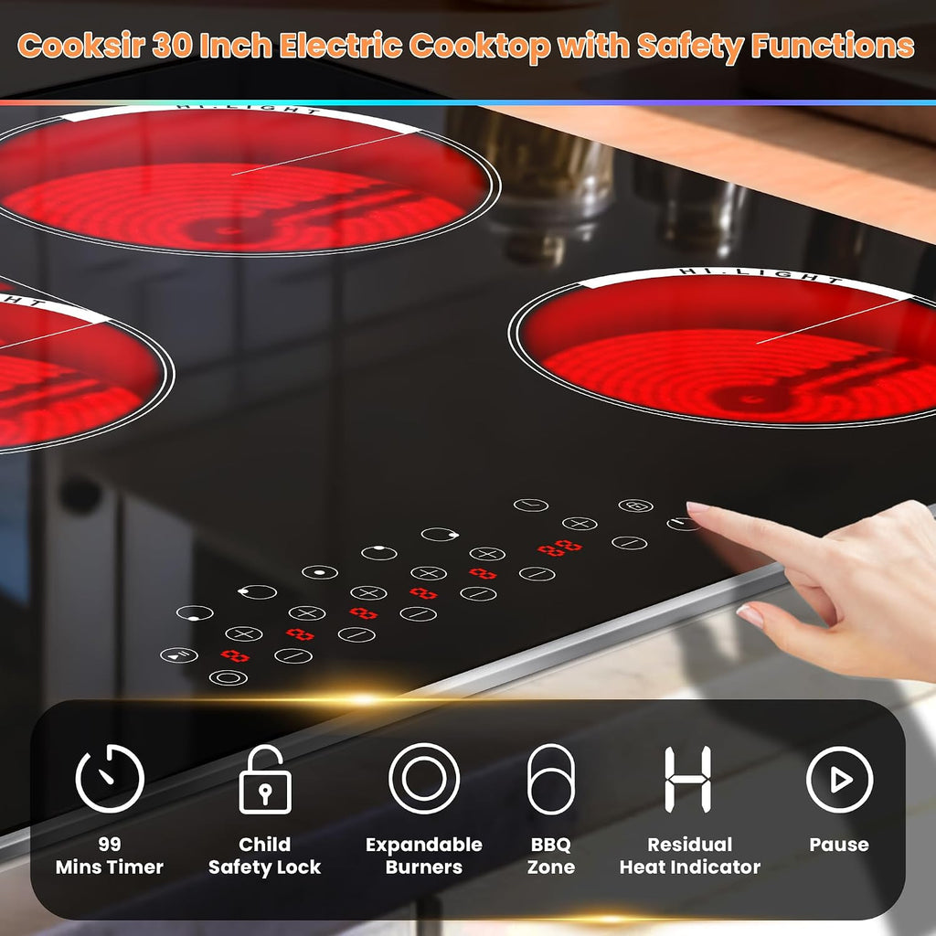 Electric Cooktop 30 Inch - 5 Burner Electric Stove Built-in(29.13'x19.3') 8400W High Power, 30 In Ceramic Stove Touch Control with Timer, Safety Lock, Glass Metal Frame, 220-240V Hard Wired