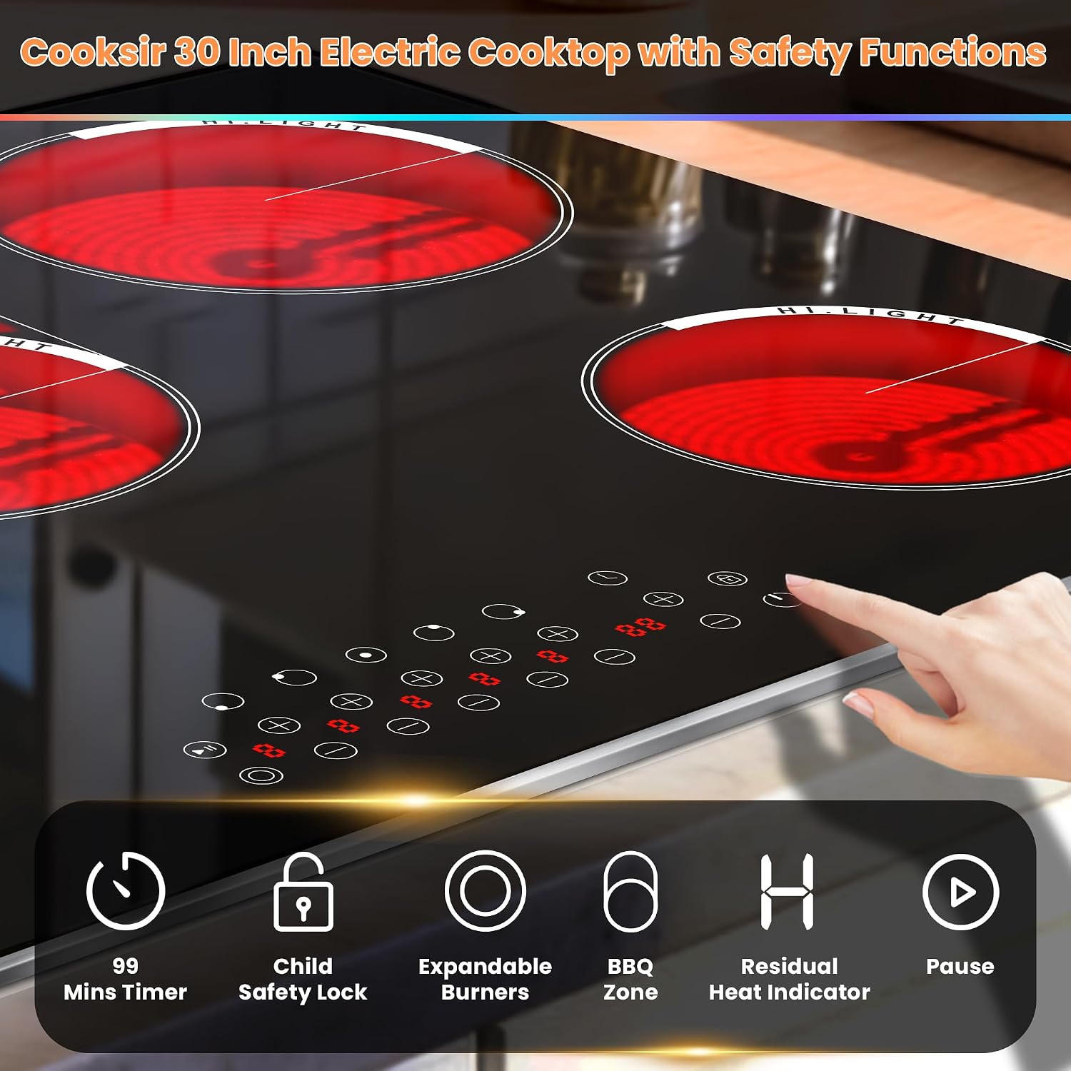 Electric Cooktop 30 Inch - 5 Burner Electric Stove Built-in(29.13'x19.3') 8400W High Power, 30 In Ceramic Stove Touch Control with Timer, Safety Lock, Glass Metal Frame, 220-240V Hard Wired
