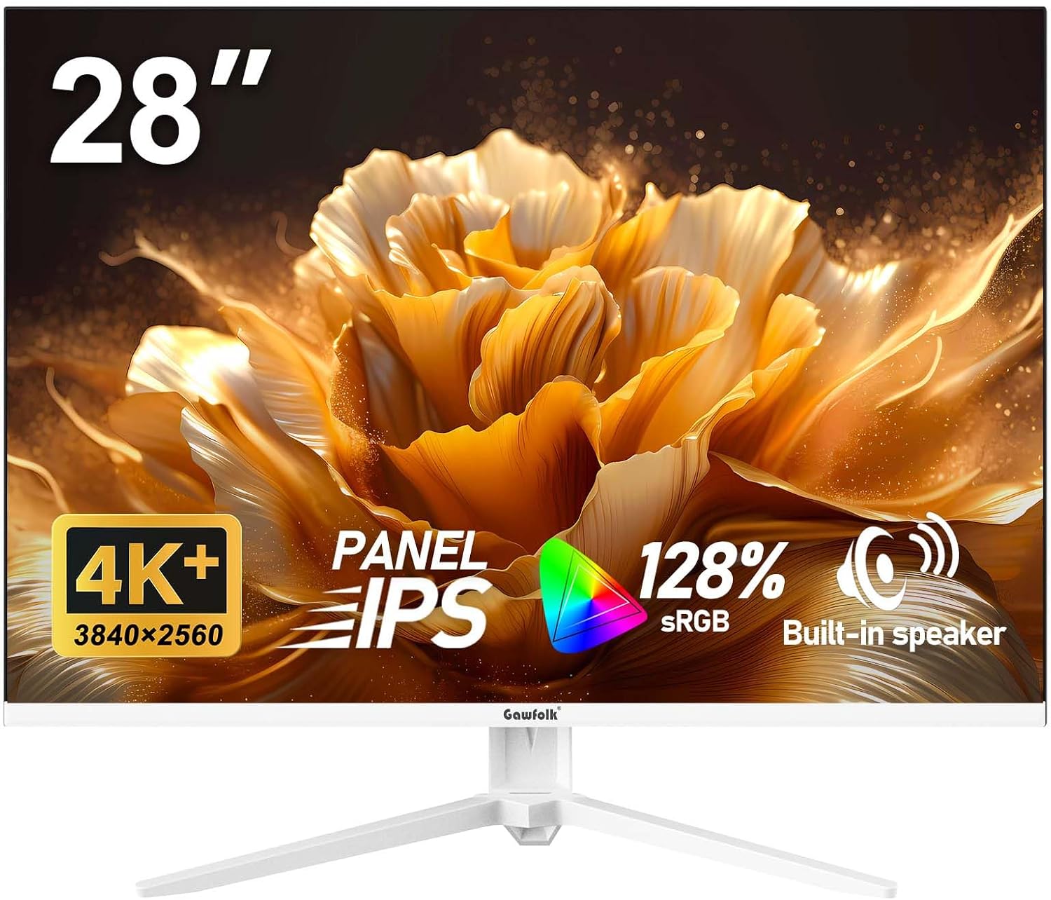 Gawfolk 28 inch UHD 4K Computer Monitor, IPS Ultra HD (3840×2560p) Screen, 3:2, 1.07 Billion Colours, 128% sRGB, Built-in Speakers, 178° Wide Viewing Angle DisplayPort, HDMI, White