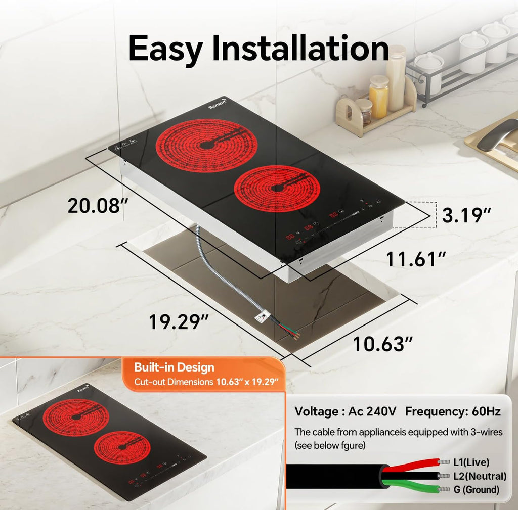 Ranein 12 Inch 2 Burner Electric Cooktop, Max 3000W 240V Ceramic Panel Built-in Electric Stove Top, with Child Safety Lock, Timer, Over-Temperature Protection