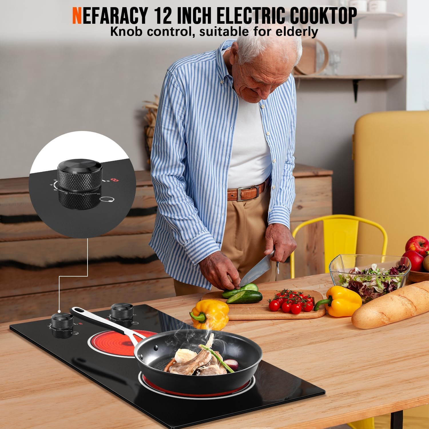 2 Burner Electric Cooktop 110V, 12 Inch Electric Cook Top Plug in, 2000W Electrics Stove with Knob Control, Countertop & Built-in Ceramic Stovetop, 9 Heating Level, Residual Heat Indicator