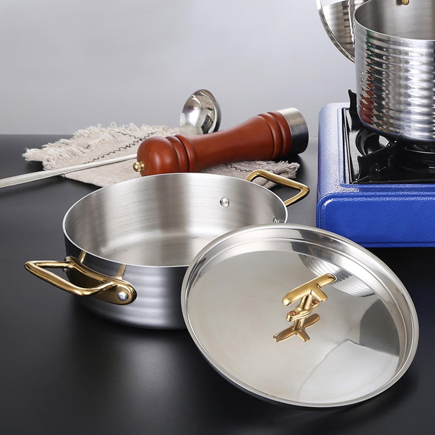 304 Stainless Steel Shabu Shabu Pot, Soup Pot Seafood Pot Stew Pot with Lid and Handle for Induction Cooktop, Gas Stove & Electric Stove,25cm