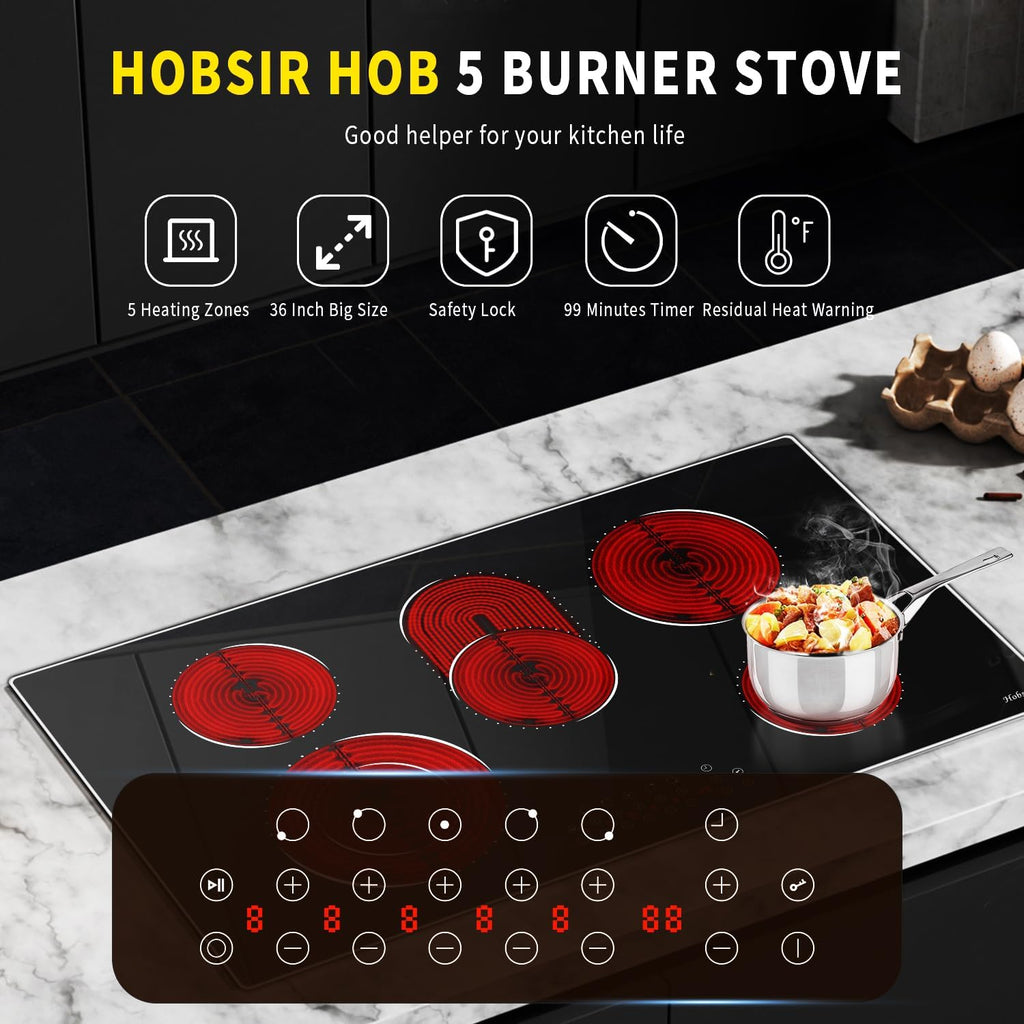 36 Inch Electric Cooktop Hobsir, 5 Burner Electric Stove Top 8400W, 220V Hardwired Built-in Cook top, Dual Ring & Oval Burners Touch Control, Fits All Cookware for Kitchen Holiday Feasts