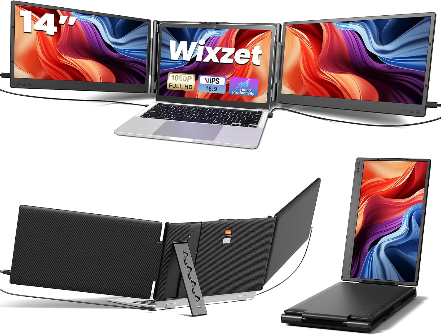 Laptop Screen Extender, 14' FHD 1080P Portable Laptop Monitor, Plug and Play Triple Screen Extender, Auto-Adjust Width Dual Monitor for 13–17' Laptops, Compatible with macOS, Wins, Chrome, Dex