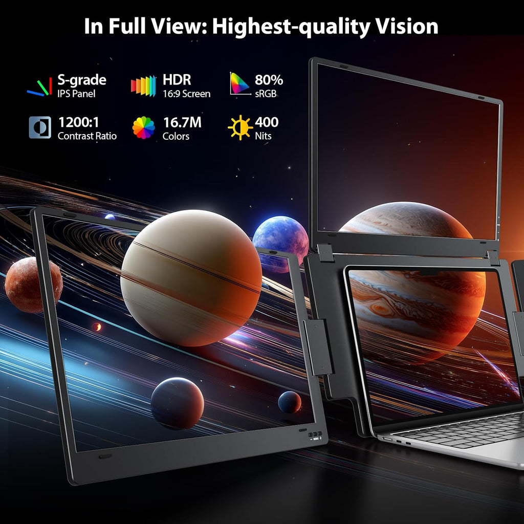 Triple Screen Laptop Monitor Extender, Quad Monitor 15.6' FHD 1080P Portable Triple Monitors, 1 USB-C Connection for 4 Screens, Integrated Aluminum Alloy, Auto Rotation Top Display for 12–17.3' Laptop