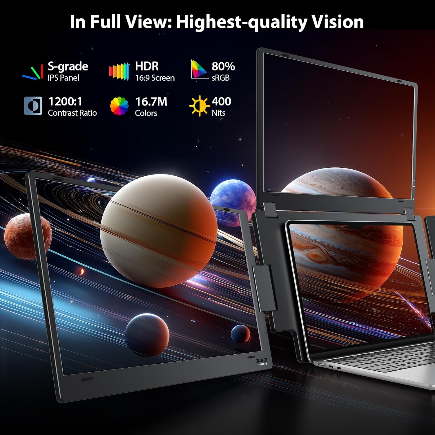Triple Screen Laptop Monitor Extender, Quad Monitor 15.6' FHD 1080P Portable Triple Monitors, 1 USB-C Connection for 4 Screens, Integrated Aluminum Alloy, Auto Rotation Top Display for 12–17.3' Laptop