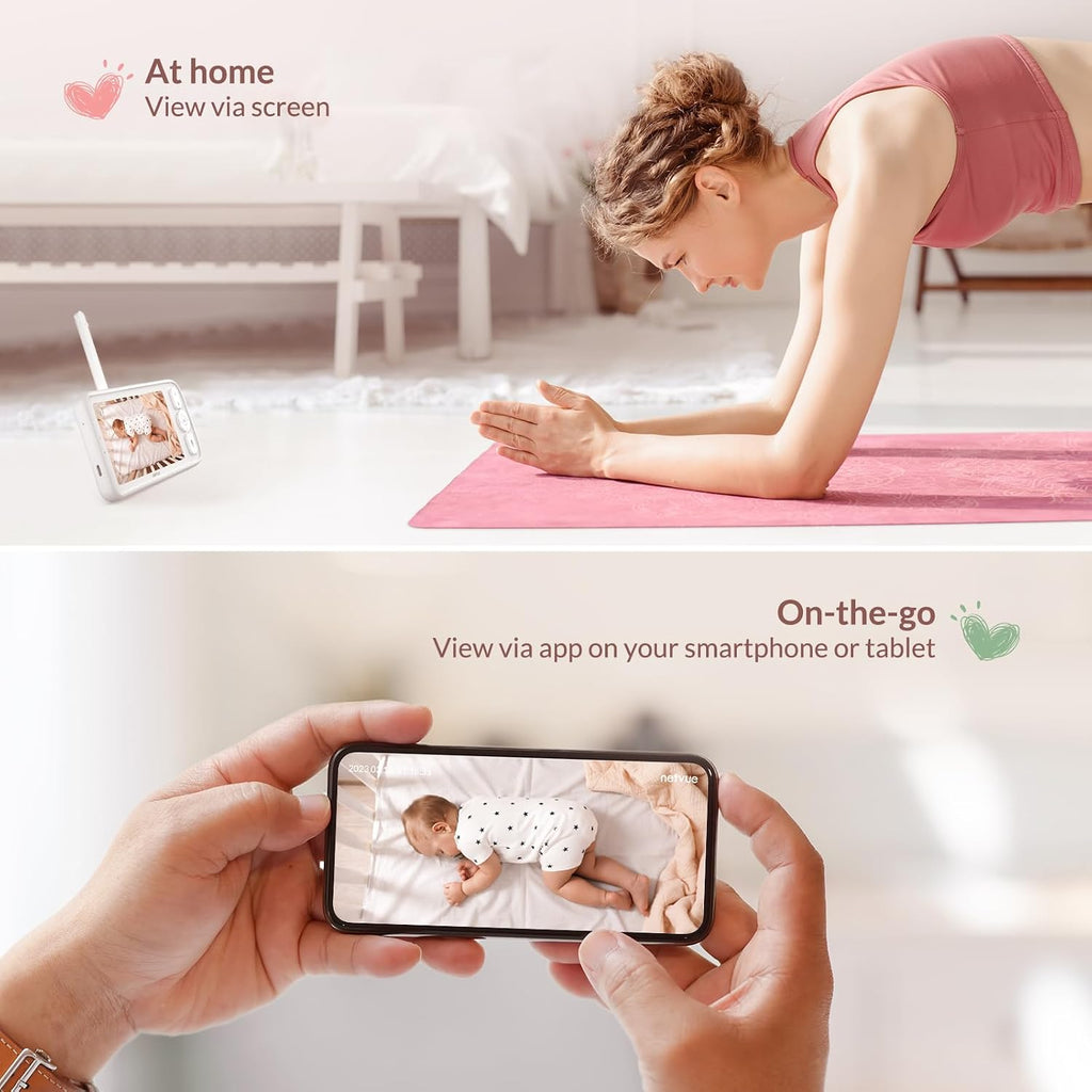 Baby Monitor with Camera and Audio, 5'' Screen & App, 2.4GHz WiFi Secure Link, Sleep Tracking, Cry Detection, Night Vision, Temp & Humidity Monitor, 2-Way Talk, 5GB Cloud Storage, 4-in-1 Mount