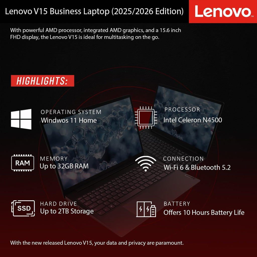 Lenovo 2025 New V15 Business Laptop(2025/2026 Edition) with Microsoft Office, Intel Powerful CPU, 16GB RAM, 512GB SSD, 15.6' FHD Display, Ultra Quiet Design, Long Battery Life, Windows 11 Pro-WOWPC
