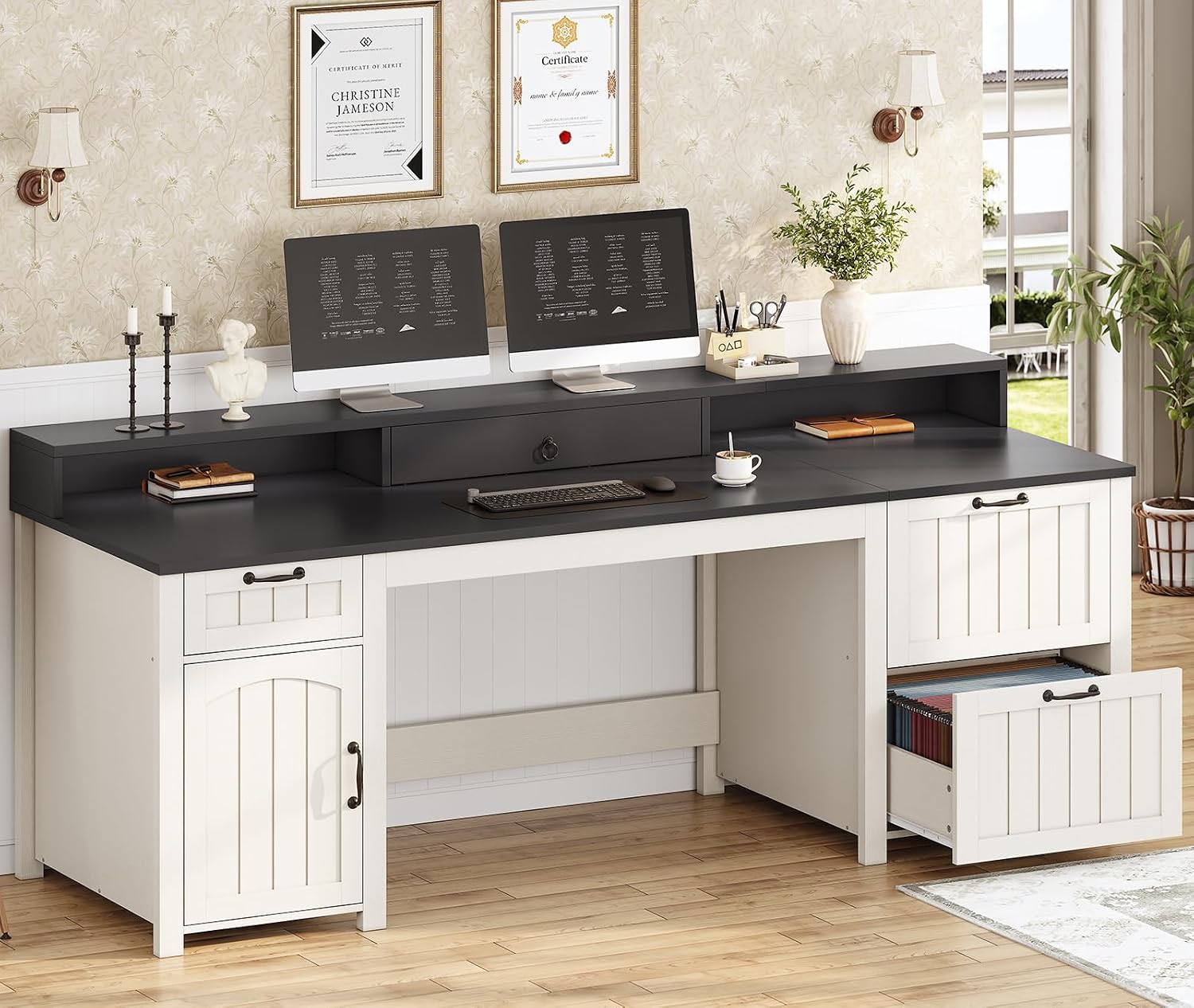 SEDETA Farmhouse 63' Executive Desk, Home Office Desk with File Drawer and Monitor Stand, Computer Desk with Drawers and Storage Cabinet, Wood Desk for Work Study Writing, White