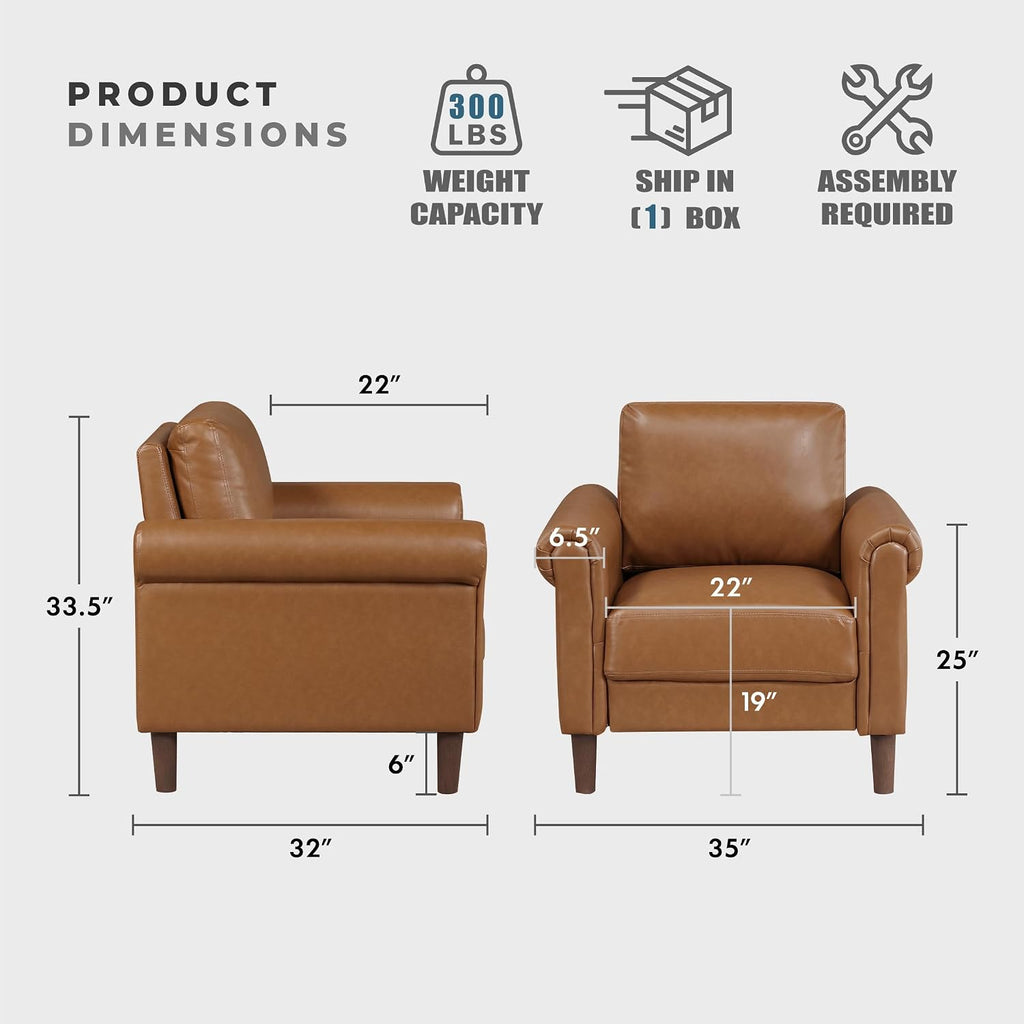 Lexicon 35' W Living Room Accent Chair, Faux Leather Upholstered Armchair with Rolled Armrest for Bedroom/Office/Waiting Room, Single Sofa Chair, Brown