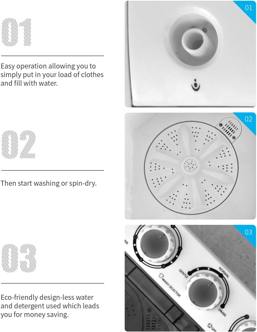 Compact Twin Tub Portable Mini Washing Machine 21lbs Capacity,Washer(14.4lbs) and Spiner(6.6lbs)/Built-in Drain Pump/Semi-Automatic,Black and White,24.8 inch x 15 inch x 28.5 inch