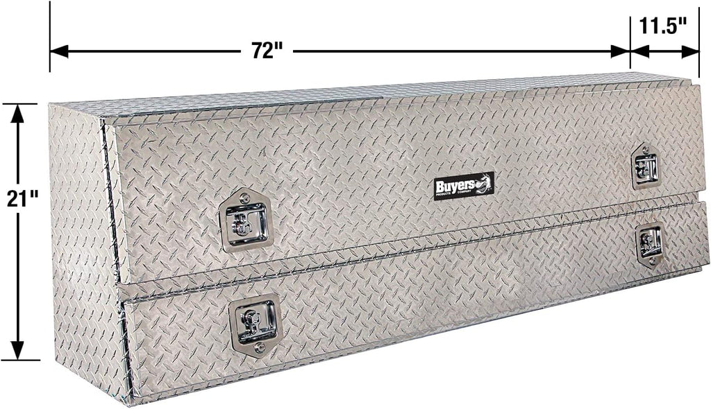 Buyers Products 1705640 21x13x72 Diamond Tread Aluminum Pick Up Truck Contractor Box with Lower Door, Two Tier Storage, Weather Resistant Seals, Locking Latches, No‑Drill Mounting Hardware