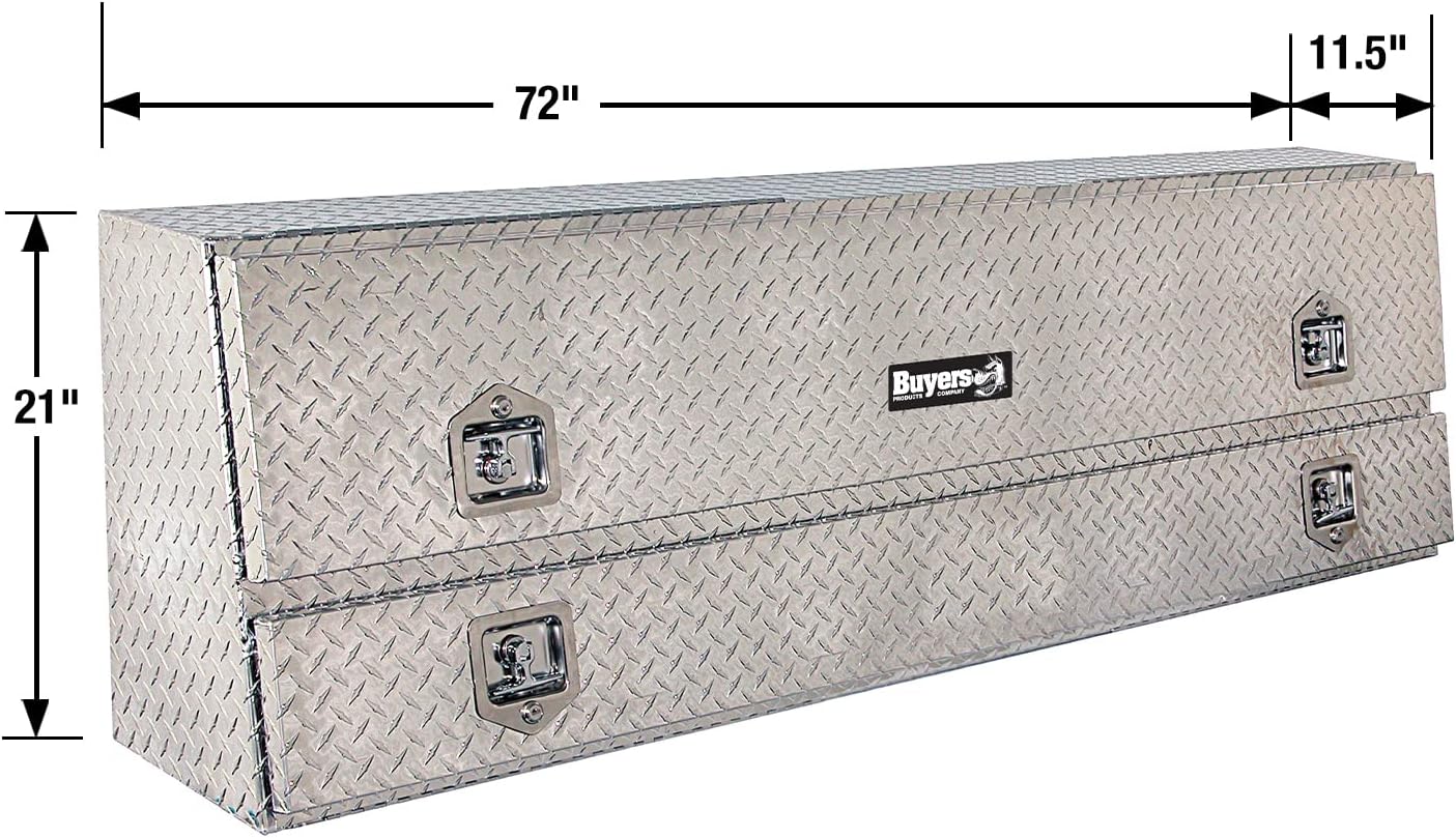 Buyers Products 1705640 21x13x72 Diamond Tread Aluminum Pick Up Truck Contractor Box with Lower Door, Two Tier Storage, Weather Resistant Seals, Locking Latches, No‑Drill Mounting Hardware