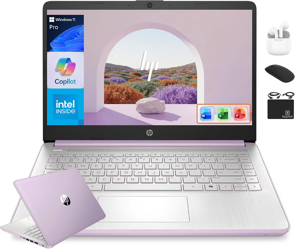 HP 14' Flagship Laptop 2025 AI-Powered Computer, Office Lifetime, Student Business, 4-Core Intel CPU, 16GB RAM 628GB Storage (128GB UFS+ 500GB Ext), Long Battery HubxcelAccessory Win 11 Pro Lavender