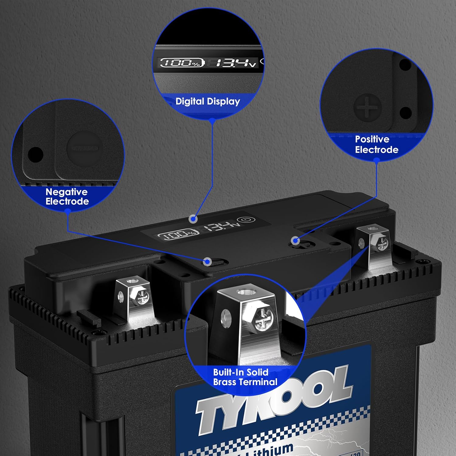 TYKOOL LFP51913G Lithium Motorcycle Battery, Replaces 51913 YT19BL-BS 51814, 420CCA 7Ah, Fits for BMW R1100GS R1100RT R850R K75RT K1200RS Moto Guzzi California 1100, IP66, LCD Monitor [- +]