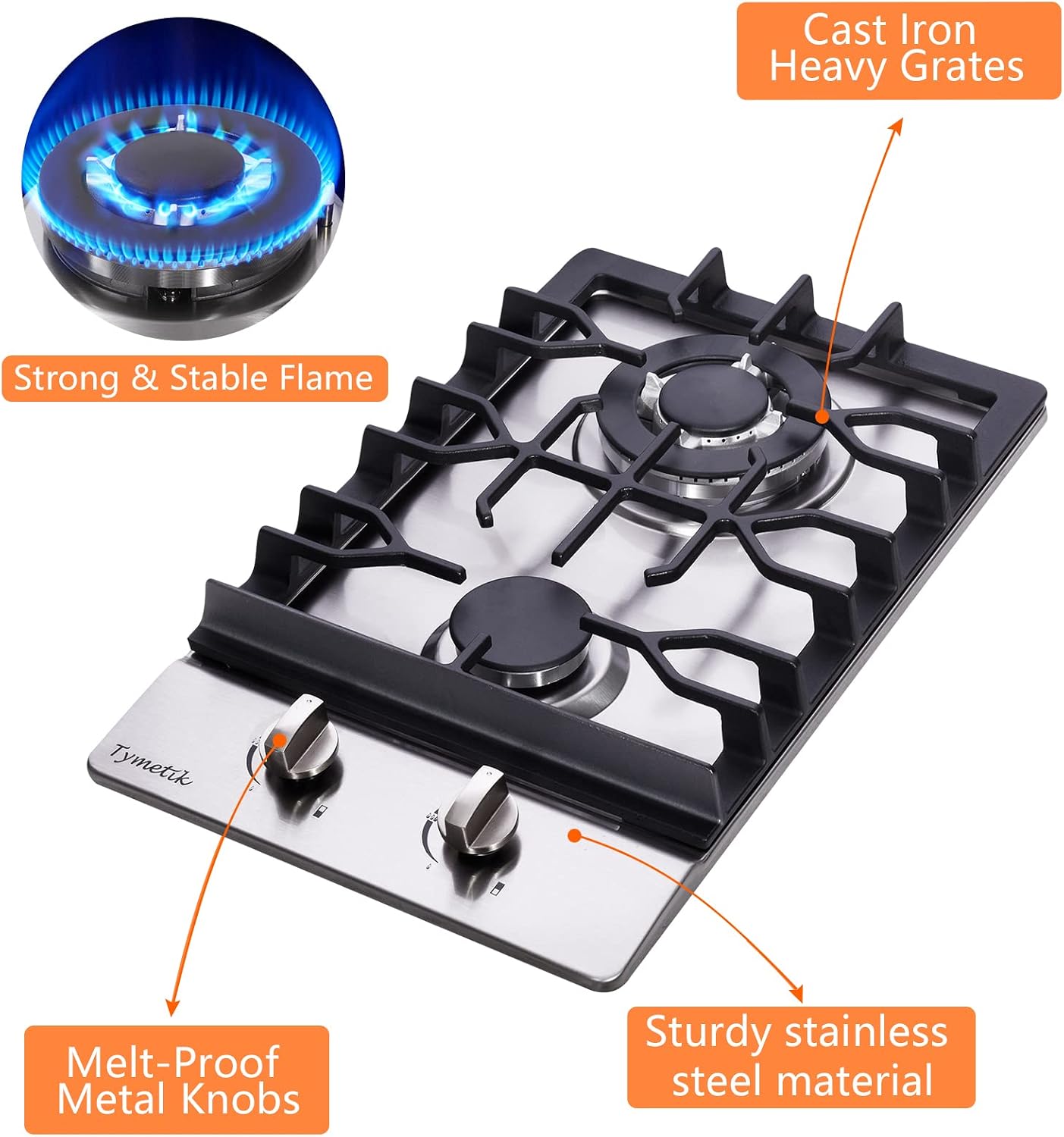Bakysso Gas Cooktop 12 Inch, 2 Burners Gas Stovetop Built-in Stainless Steel Gas Stove Dual Fuel LPG/NG Convertible Gas Hob for RVs, Apartments, Outdoor, 12 Inch Stainless Steel