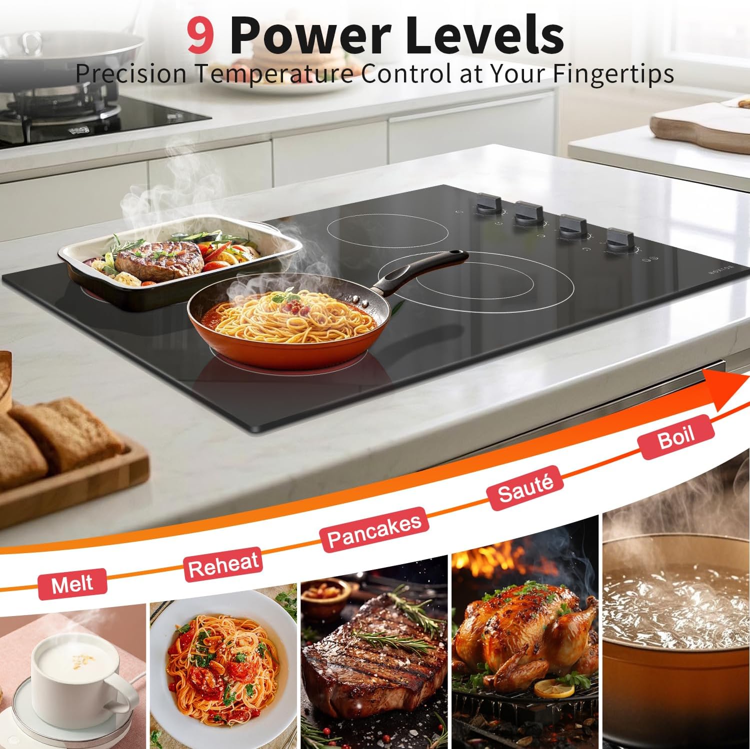 Noxton 4 Burner Electric Cooktop 30 Inch, Knob Control Ceramic Cooktop, 30' Radiant Electric Stove Top with Extended Zone, Hot Surface Indicator,9 Power Levels, 32Amps 220-240v Hard Wire(No Plug)