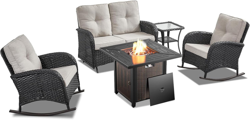 Belord 5 Pieces Patio Furniture Set with 50000 BTU Propane Fire Pit Table, All-Weather Patio Rocking Chairs, Loveseat Glider and Side Table for Outdoor Conversation Deck Backyard Poolside Black
