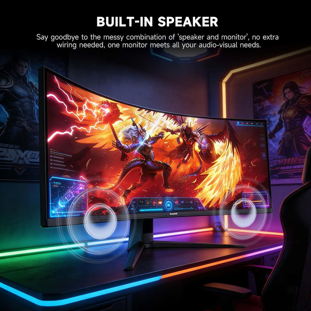 Gawfolk 45 inch Ultra-Wide Curved 1500R Gaming Computer Monitor, DQHD(5120×1440) PC Screen, 185Hz, 1MS, FreeSync, 120% sRGB, Built-in Speaker, HDMI2.1 & DP1.4, Compatible Wall Mount 100 * 00mm- Black
