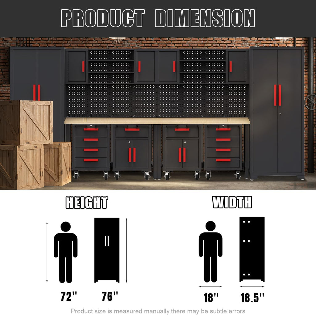 Garage Storage Cabinet System - 2 * 6-Pcs Workshop Set with Steel Cabinet Drawers, Rolling Chest, Workbench, Pegboard for Tool Organization