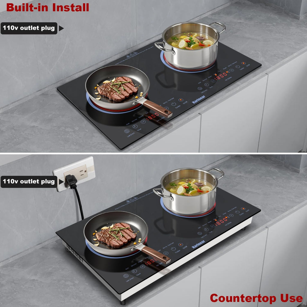 Karinear 2 Burners Electric Cooktop 24 Inch, 110v~120v Countertop and Built-in Elecric Stove Top, Portable Electric Radiant with Outlet Plug, Sensor Touch, Child Safety Lock, Timer(Blue)