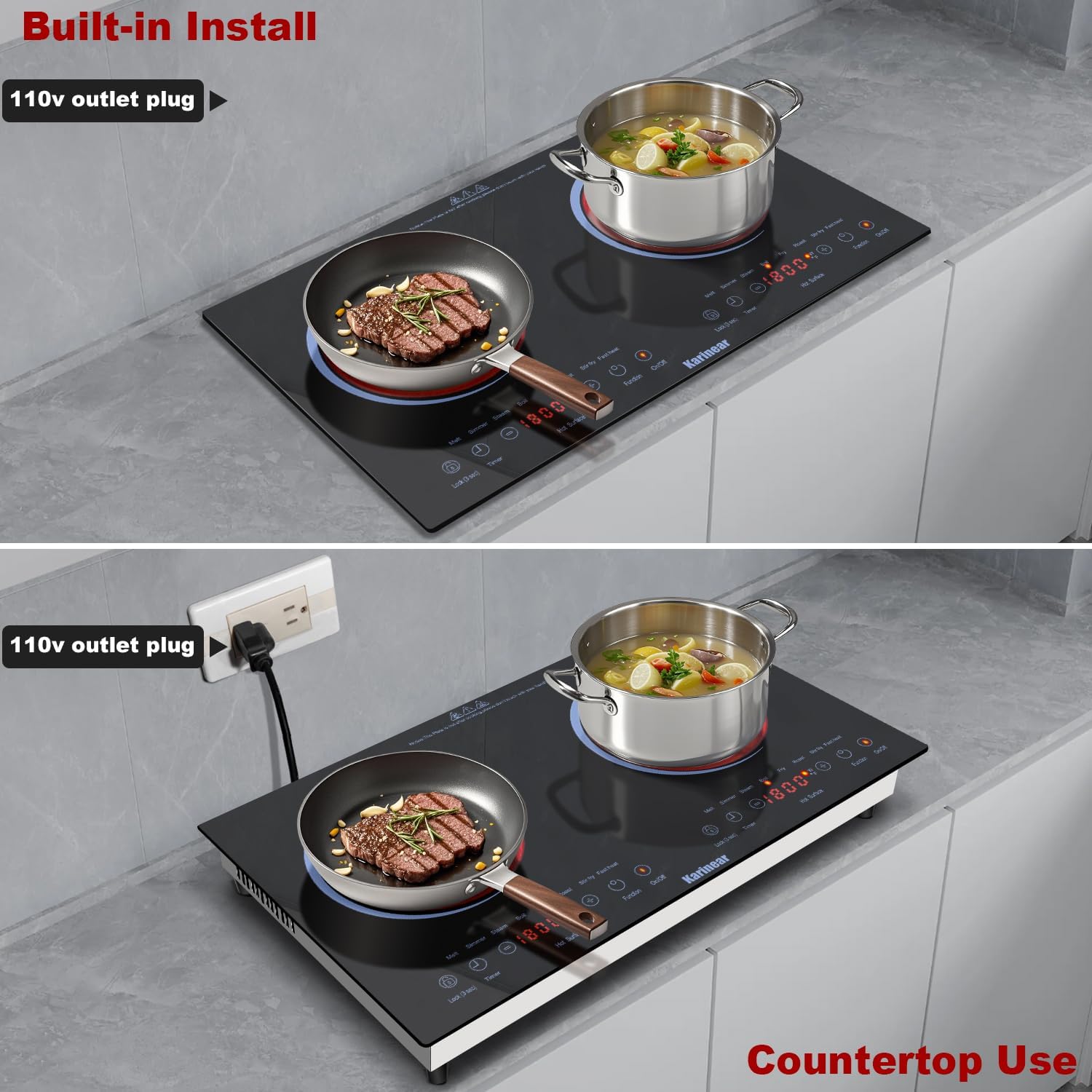 Karinear 2 Burners Electric Cooktop 24 Inch, 110v~120v Countertop and Built-in Elecric Stove Top, Portable Electric Radiant with Outlet Plug, Sensor Touch, Child Safety Lock, Timer(Blue)
