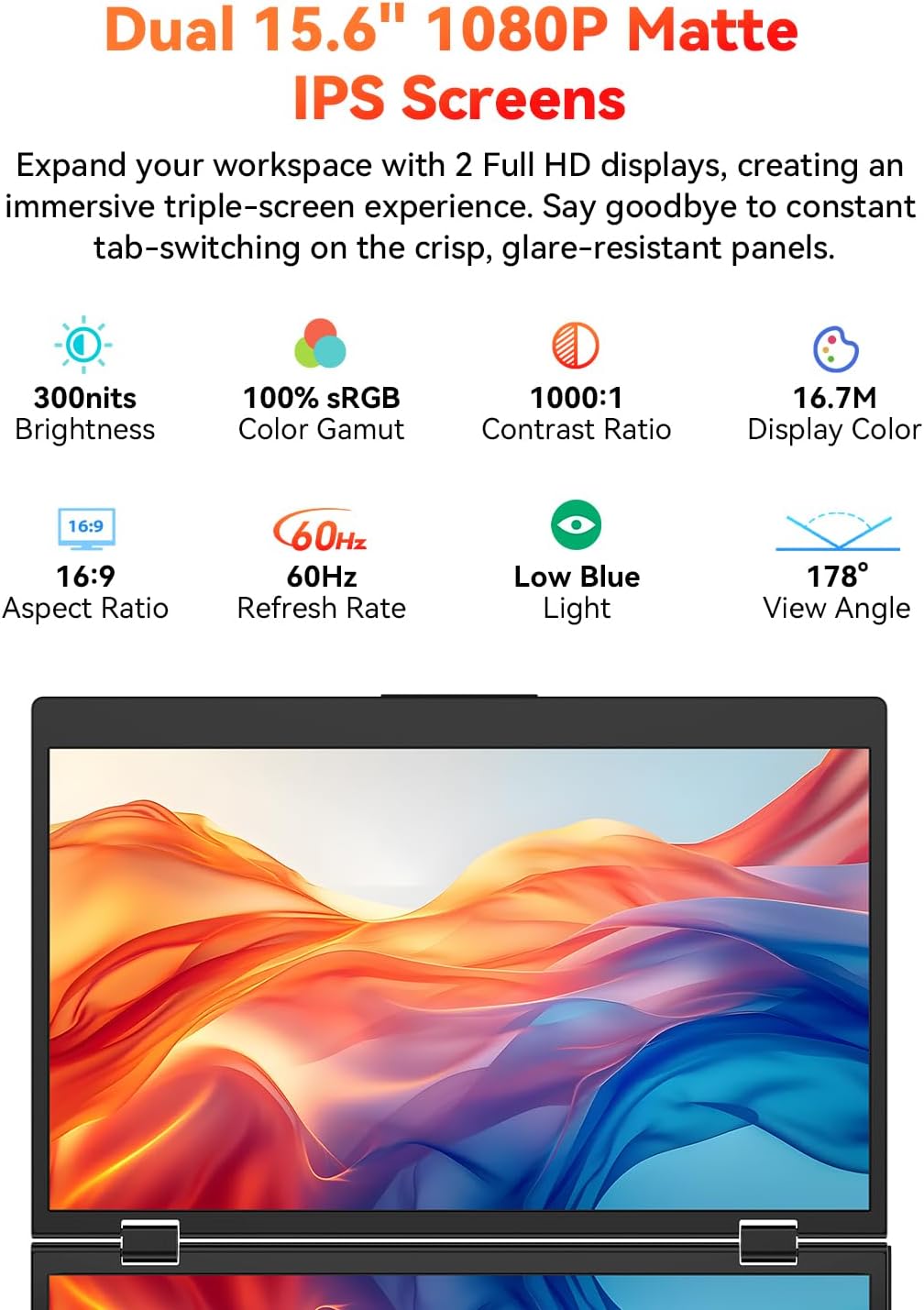 HotYeah Triple Laptop Screen Extender, 15.6' 1080P FHD IPS Folding Stacked Portable Dual Monitor, USB-C Travel Extended Computer Display w/VESA, 180° Rotation, Plug & Play (Windows Only)