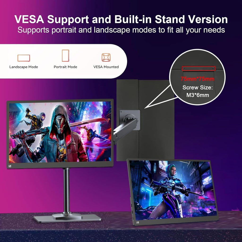 2.5K 100Hz Portable Monitor Touchscreen, 15.6'' QHD 2880x1620 300 Nits 100% sRGB IPS Gaming Monitor w/VESA HDR FreeSync Eye Care USB-C HDMI External Second Screen for Laptop PC Phone Switch PS3/4/5