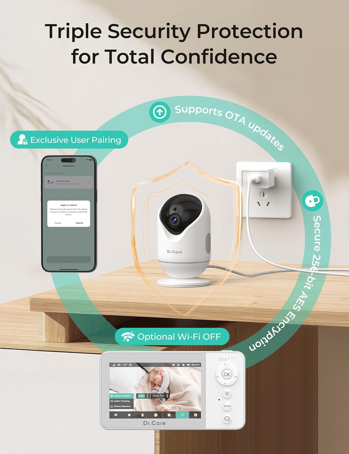 Dr.Care VistaView Lite RB Smart WiFi Baby Monitor with 2 Cameras - 4' 720P Split Screen & 1080P Camera App Control, Motion Alerts, 2500mAh Removable Battery, Night Vision, 2-Way Talk, Multi-User