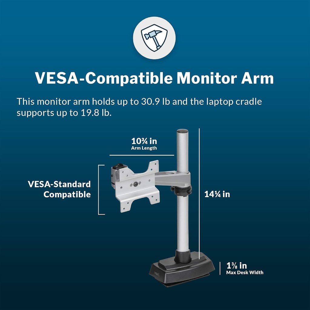 Vari Monitor Arm & Laptop Stand - VESA Compatible Mount with 360 Degree Rotation & 15' Laptop Stand with Adjustable Height, Monitors up to 27 inches, 19.8 lbs Capacity - Single Monitor & Laptop Holder