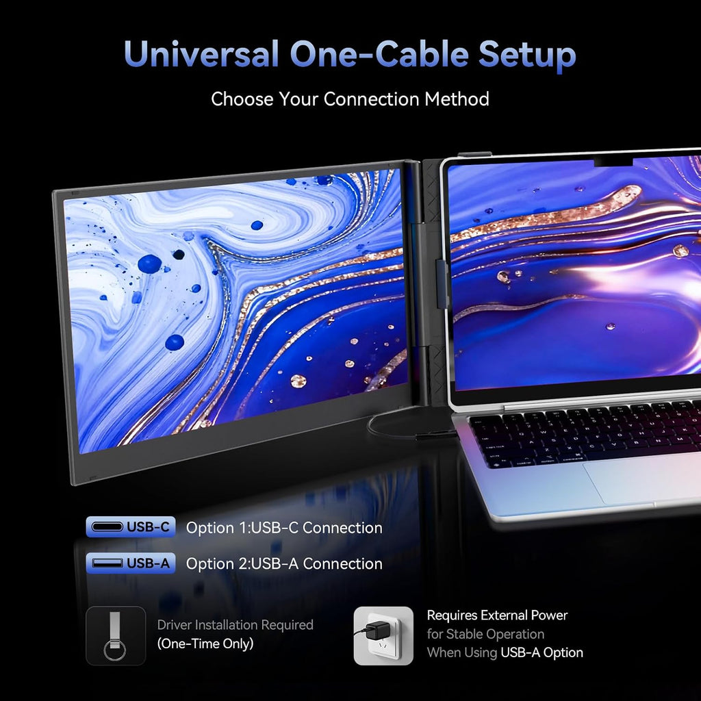 One Cable Connection Triple Laptop Screen Extender - Ultra Thin 14' Monitor IPS FHD 1080P Lightweight Portable Display for 13'-17' Laptops Compatible with Windows Mac Chrome Travel Work Setup