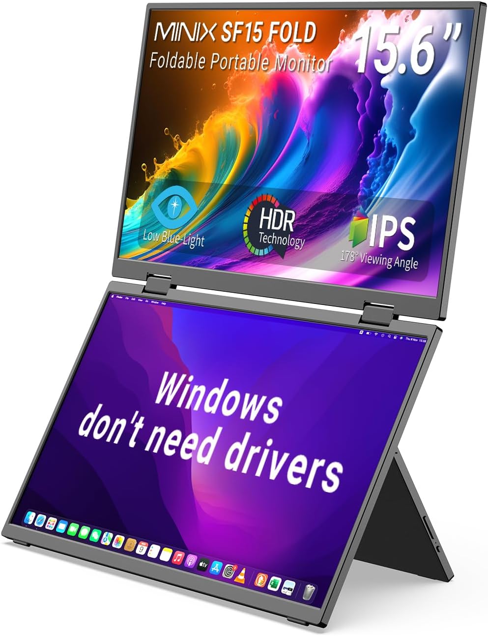 MINIX SF15 FOLD Dual 15.6' Foldable Portable Monitor, 1080P FHD, 300 nits, 100W PD, Low Blue Light, Recyclable Metal, Type-C & HDMI for Laptops, Study, Creative Projects, Office Collaboration