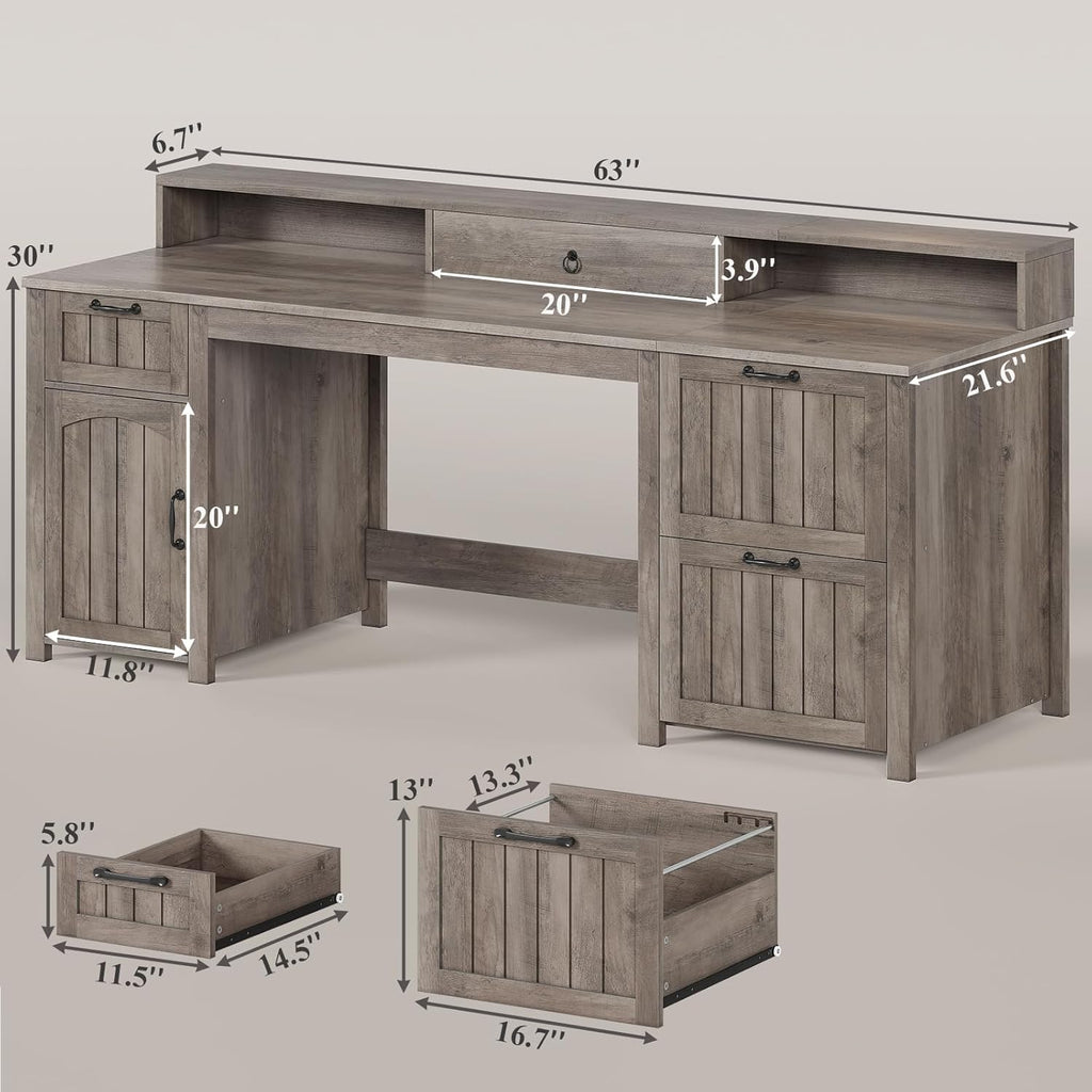 SEDETA Farmhouse 63' Executive Desk, Wood Computer Desk with Drawers and Storage Cabinet, Home Office Desk with File Drawer and Monitor Stand, Wood Desk for Work Study Writing, Grey